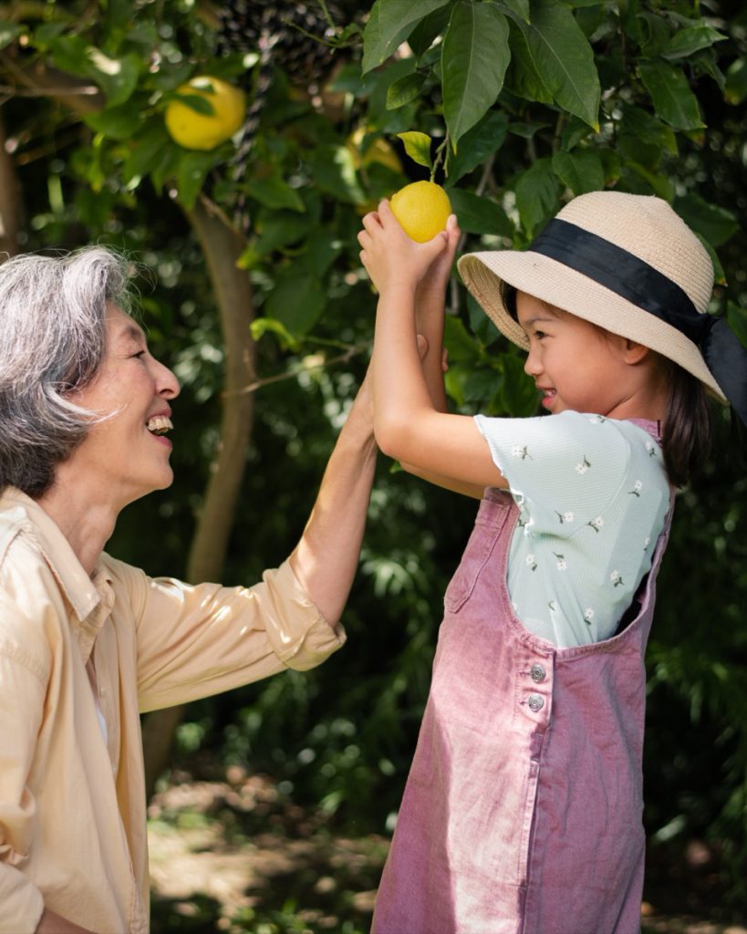 A grandmother and grandchild picking fruit together in a garden